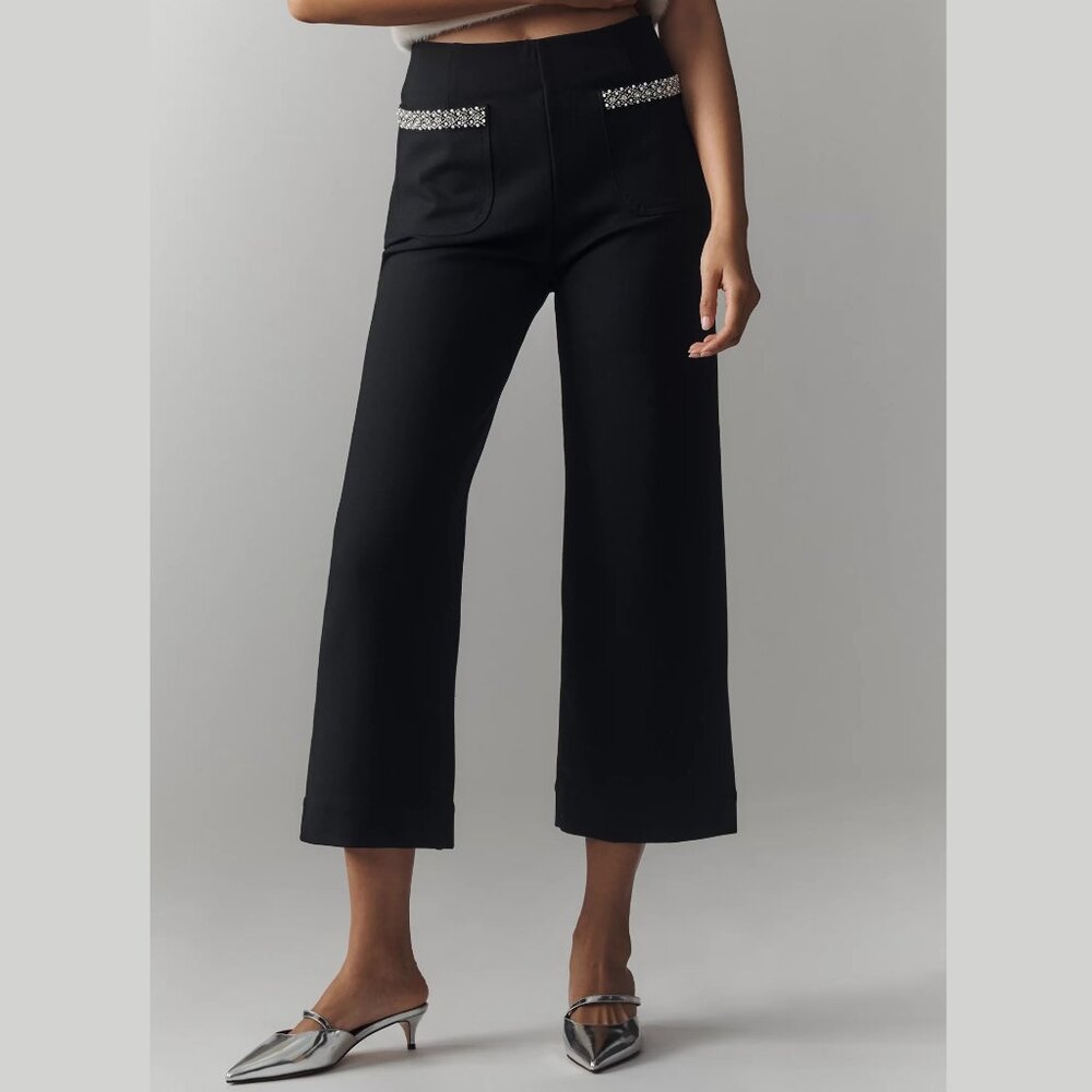 Anthropologie Maeve Colette Cropped Wide-Leg Pants Rhinestone Pocket Edition 28